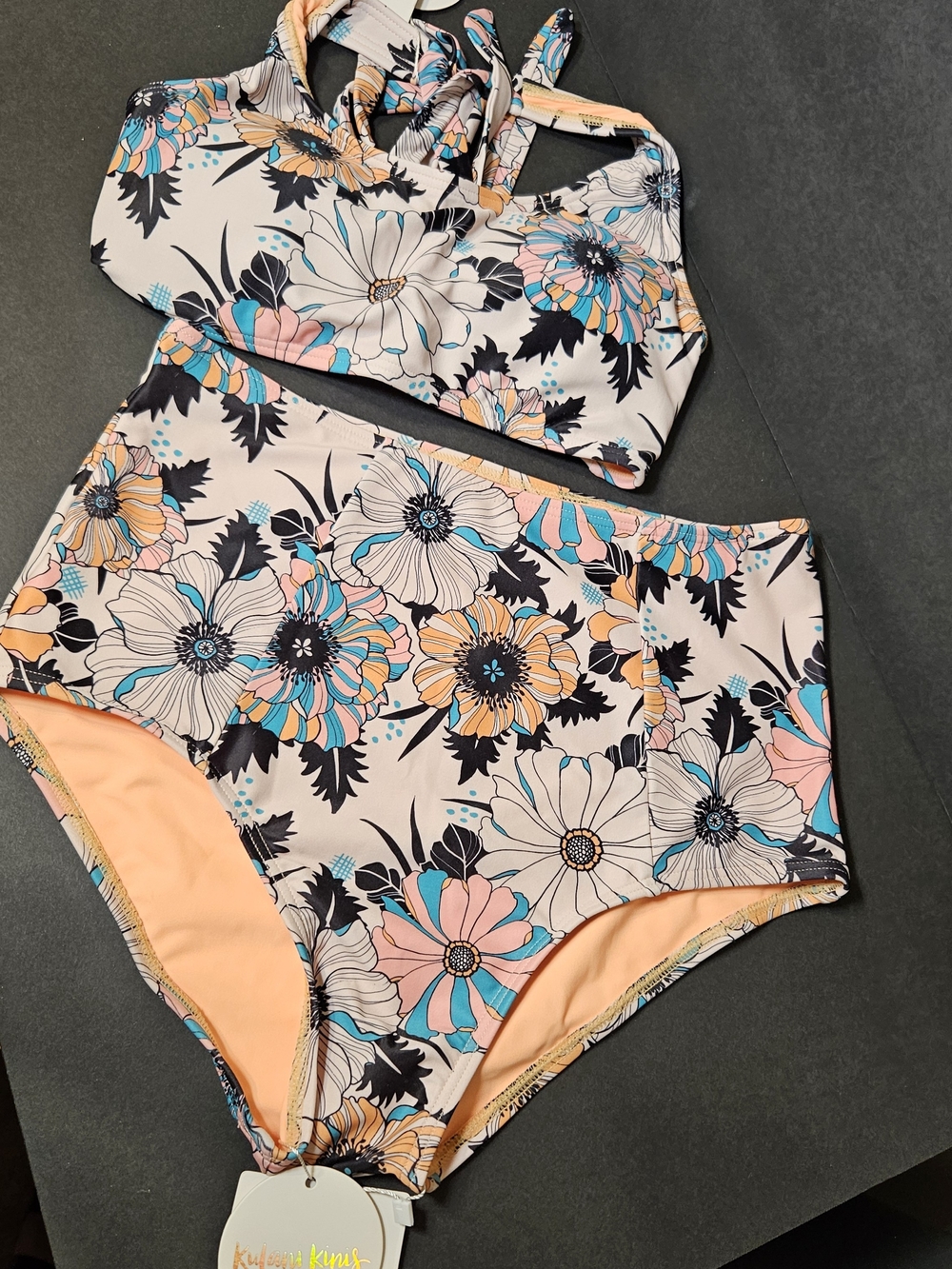 KuLani Kinis Women’s High-Waist Floral  Bikini Swim Set - Peach Pink Multi